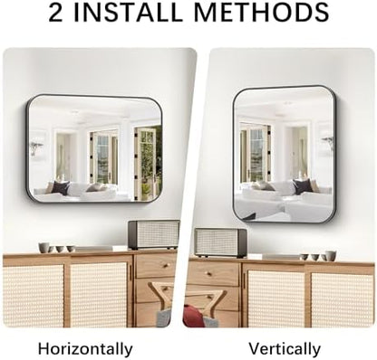 Bathroom Mirror, 30 x 24 inch Metal Framed Black Rectangle Mirror, Rounded Corner Rectangular Vanity Mirror, Wall Mounted Mirror for Modern Bedroom Living Room Hangs Horizontal or Vertical