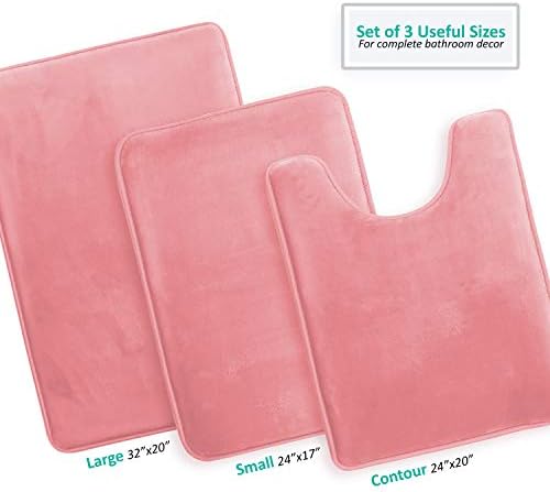 Clara Clark 3 Piece Bathroom Rugs Bath Mat Set, Velvet Memory Foam Bath Mats for Bathroom - Non-Slip, PVC Backing Bath Rugs, Washable - Dries Quickly, Pink