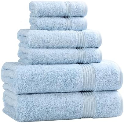 SUPERIOR Egyptian Cotton 6-Piece Towel Set, Bathroom Essentials, Towels for Bathroom, Apartment, Airbnb, Guest Bath, Face, Hand, Bath Towels, Washcloths, Absorbent, Fast Drying, Light Blue