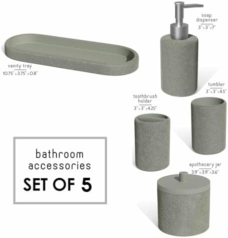 Clara Clark Bathroom Set - Sage Green Bathroom Accessories Set, 5PC Bathroom Accessory Set, Bathroom Sets with Soap Dispenser, Toothbrush Holder, Tumbler, Cotton Swab Jar & Vanity Tray