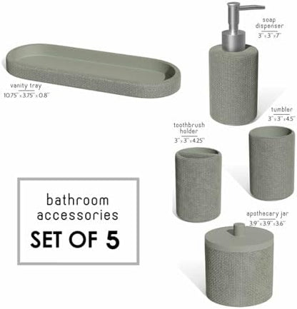 Clara Clark Bathroom Set - Sage Green Bathroom Accessories Set, 5PC Bathroom Accessory Set, Bathroom Sets with Soap Dispenser, Toothbrush Holder, Tumbler, Cotton Swab Jar & Vanity Tray