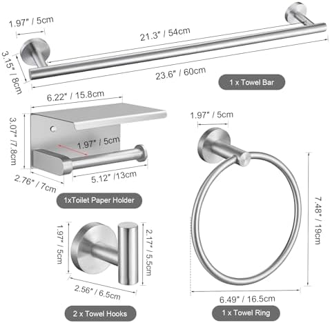 TURS Brushed Nickel 5-Piece Bathroom Hardware Set Towel Bar Set SUS304 Stainless Steel Towel Racks for Bathroom Wall Mounted, 23.6-Inch