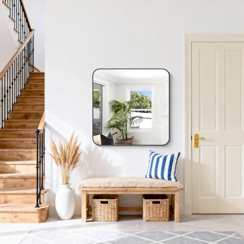 FORBATH Bathroom Mirror 30" x 30", Large Square Wall Mirror with Black Aluminum Frame Rounded Corner, Wall Mounted Mirror for Bathroom Bedroom Entryway Living Room