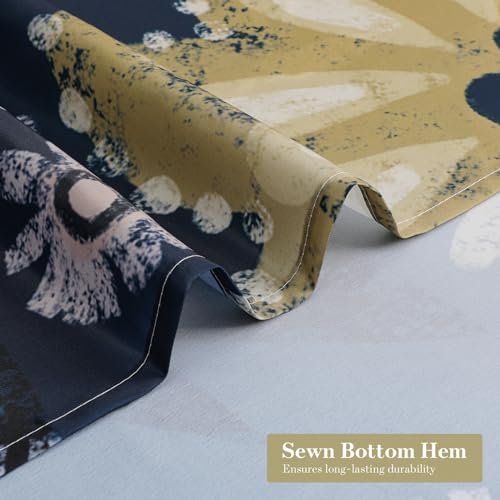 Boho Floral Shower Curtain, Dark Blue Botanical Fabric Curtain, 72 x 78