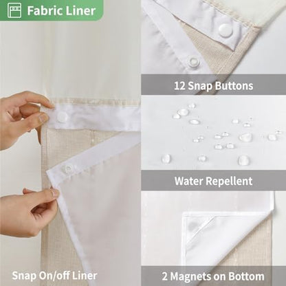 eachope No Hook Long Shower Curtain Set with Snap-in Fabric Liner,Linen Textured Thick Striped Fabric with Tassels,Boho Farmhouse Rustic Luxury Bathroom Curtain,Water-Repellent,Cream/Beige,71x80