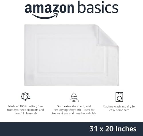 Amazon Basics Non-Slip Cotton Bath Mat, 100% Cotton Absorbent, Machine Washable, 31" L x 20" W, Bright White (Pack of 2)