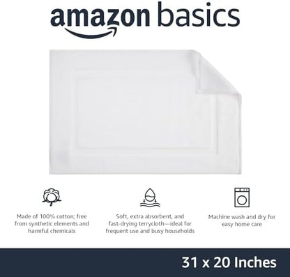 Amazon Basics Non-Slip Cotton Bath Mat, 100% Cotton Absorbent, Machine Washable, 31" L x 20" W, Bright White (Pack of 2)