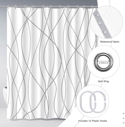 Striped Shower Curtain for Bathroom, Grey White, 72" W x 78" L