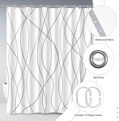 Striped Shower Curtain for Bathroom, Grey White, 72" W x 78" L