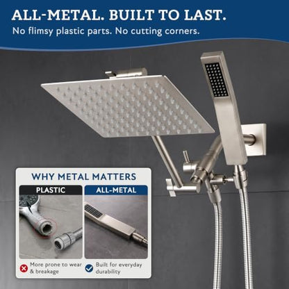 G-Promise All Metal 8" Rain Shower Head with Handheld for Bathroom Upgrade