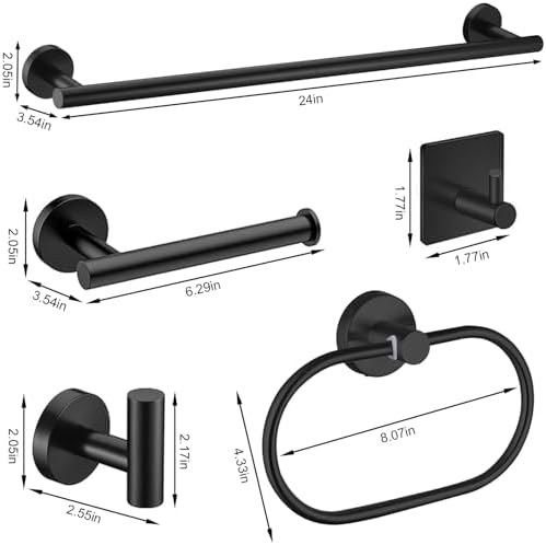 Black Bathroom Accessories Set, 7 Pieces Black Towel Bar Bathroom Hardware Set, 24 Inch Towel Racks for Bathroom, SUS304 Stainless Steel Bathroom Towel Holder Toilet Paper Holder Wall Mounted