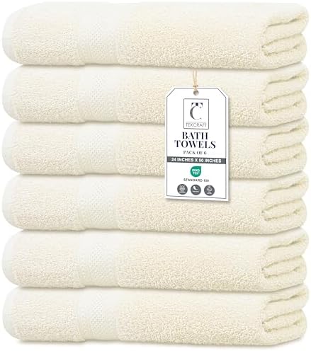 Large Bath Towels Set of 6 – 100% Cotton Terry – 24" x 50" – Quick Dry, Soft & Highly Absorbent – Ivory Towels for Bathroom, Gym, Spa, Pool & Daily Use
