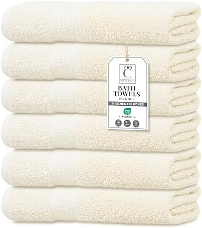 Large Bath Towels Set of 6 – 100% Cotton Terry – 24" x 50" – Quick Dry, Soft & Highly Absorbent – Ivory Towels for Bathroom, Gym, Spa, Pool & Daily Use