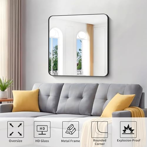 Black Bathroom Mirrors for Wall, 30"x30" Square Mirror, Rounded Corner Metal Frame Wall Mirror, Bathroom Vanity Mirror for Bedroom Living Room Entryway Horizontal Or Vertical Mounting
