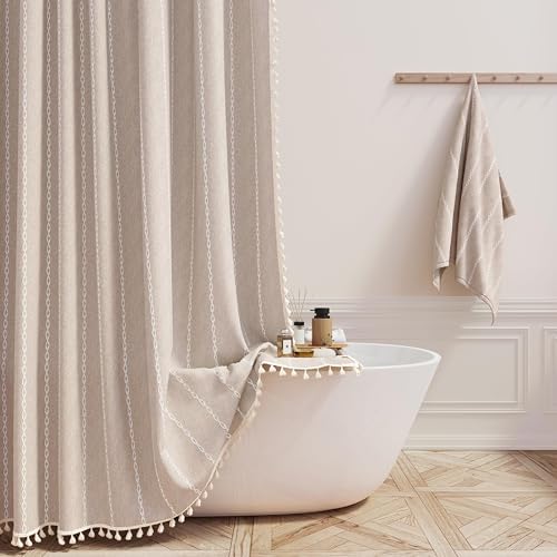 BTTN 54 x 72 Boho Linen Heavy Duty Cloth Shower Curtain Set, Tan/Taupe