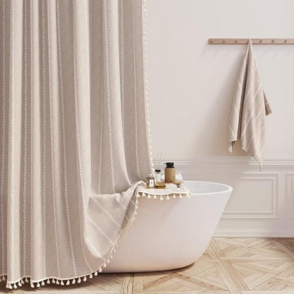 BTTN 48 x 72 Boho Linen Heavy Duty Cloth Shower Curtain Set, Tan/Taupe
