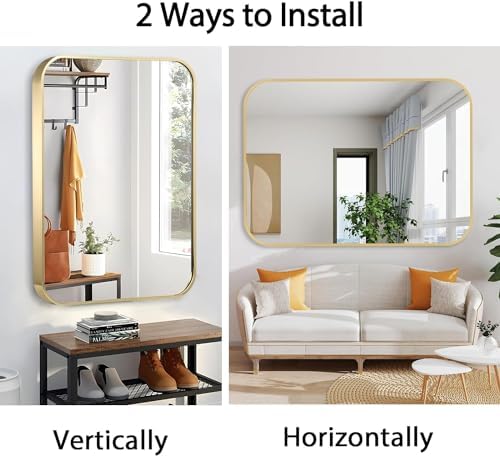 24x32 Inch Gold Bathroom Mirror, Brushed Brass Gold Metal Framed Rectangular Mirror with Rounded Corner, Bathroom Vanity Mirror for Bedroom or Living Room, Horizontal/Vertical