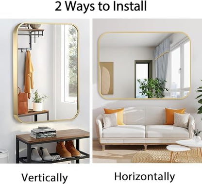20x30 Inch Gold Bathroom Mirror, Brushed Brass Gold Metal Framed Rectangular Mirror with Rounded Corner, Bathroom Vanity Mirror for Bedroom or Living Room, Horizontal/Vertical