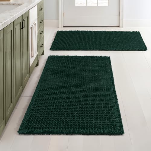 MIULEE Set of 2 Waffle Bathroom Rugs Boho Bath Mat Dark Green 18x30 Inch
