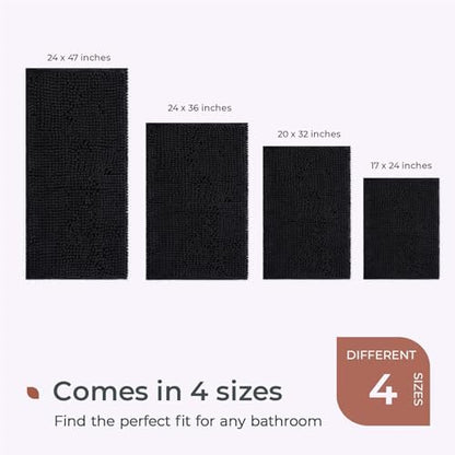 FRESHMINT Large Chenille Bathroom Rugs Mat 36”x24”, Non-Slip Bath Mat for Bathroom Floor & Bathtub, Washable Shower Shag Bath Rugs, Soft Fluffy Thick Water Absorbent Microfiber Shower Mat, Black