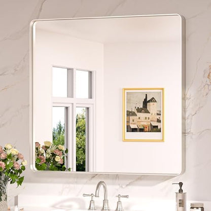 Keonjinn 36 x 36 Inch Brushed Nickel Bathroom Vanity Mirror, Aluminum Frame