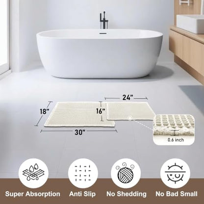 JIUZHEN Set of 2 Waffle Bath Mats Boho Bath Rugs 16"x24"+18"x30", Ivory