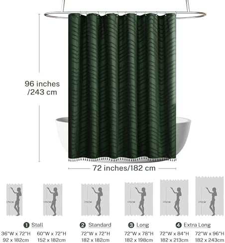 Siiluminisoy Extra Long Dark Green Boho Shower Curtain with Tassel, Woven Fabric 96 in Shower Curtain, Tufted Chevron Striped, 72 x 96, Modern Chic Textured Minimalist Bathroom Shower