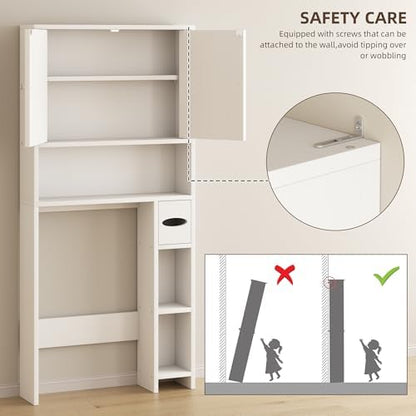Shintenchi Over the Toilet Storage Cabinet, Bathroom Storage Cabient with Barn Doors, Bathroom Storage Shelf Organizer with Toilet Paper Holder, Adjustable Shelf and Anti-Tip Device, White