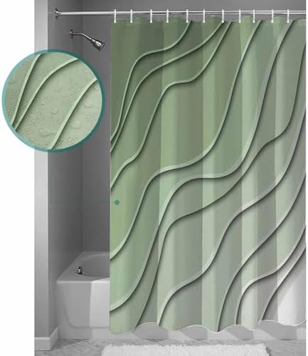 Shower Curtain Bathroom Set Gradient Sage Green Ocean Wave Line Waterproof Shower Curtains with Grommets Hooks Simple Striped Privacy Bath Curtain for Bathtub Decor 72x78in