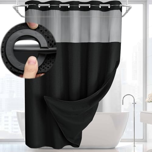 No Hook Shower Curtain with Liner Set Hotel Waffle Curtain Black 72W X 78L