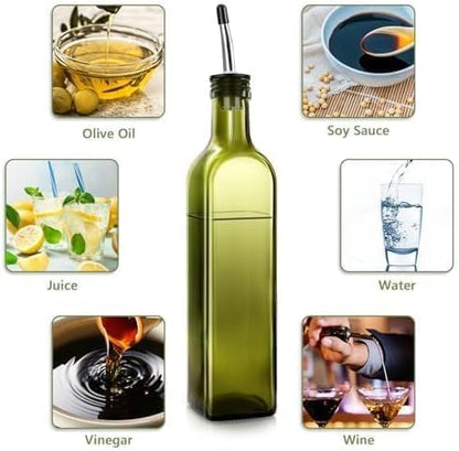 Leaflai Olive Oil Dispenser Bottle, 1 Pcs Green Glass Olive Oil Dispenser and Vinegar Dispenser Set with 2 Stainless Steel Pourers, 2Labels,1 Brush and 1 Funnel Oil Bottles for Kitchen, 17 oz(500ml)