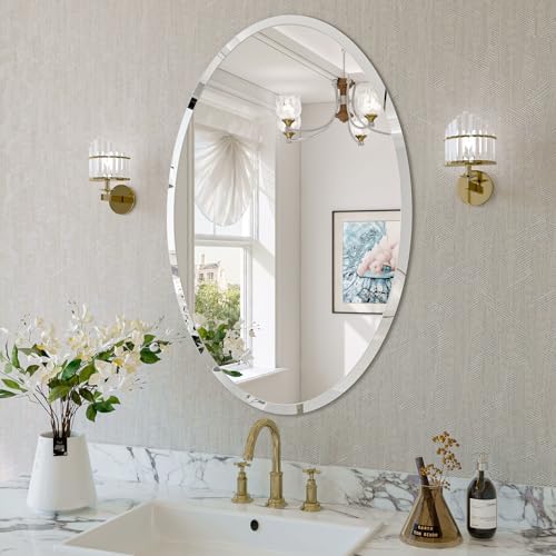 Frameless Oval Mirror, 18"x26" Oval Beveled Bathroom Mirrors