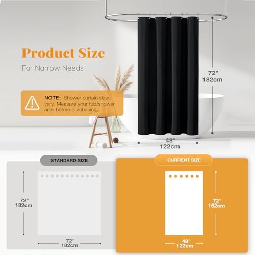BTTN 48x72 Linen Textured Waterproof Thick Fabric Shower Curtain Set, Black