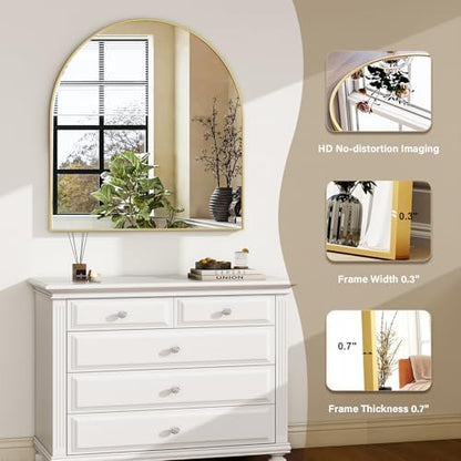 HARRITPURE 26"x28" Arched Bathroom Mirror Wall Mounted Gold Arch Mirror