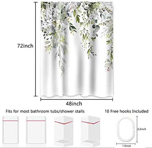 AWERT Small Stall Shower Curtain with Hooks Watercolor Plants Green Leaves 48x72 inch Half Size Shower Curtain for Bathroom/RV and Camper