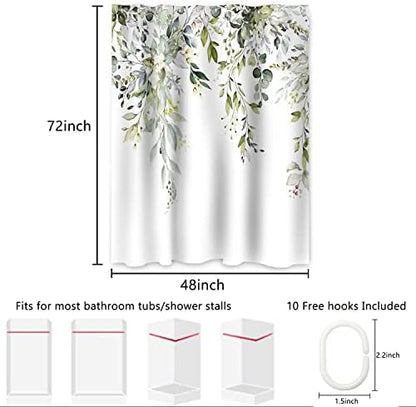AWERT Small Stall Shower Curtain with Hooks Watercolor Plants Green Leaves 48x72 inch Half Size Shower Curtain for Bathroom/RV and Camper
