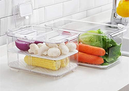 SANNO Vegetable Fruit Storage Containers, Food Storage Containers Fridge Produce Save, Stackable Refrigerator Organizer Keeper Drawers Bins Baskets with Lids and Removable Drain Tray