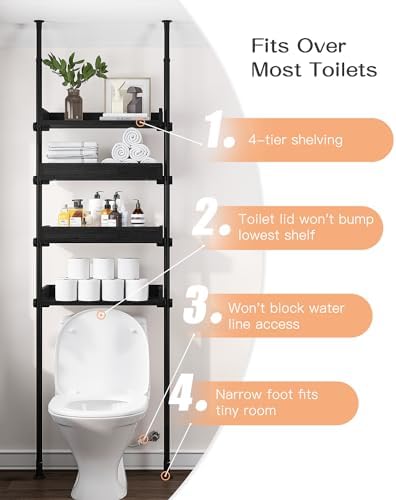 ALLZONE Bathroom Organizer, Over The Toilet Storage, 4-Tier Adjustable Wood Shelves for Small Rooms, Saver Space Rack, Narrow Cabinet, 92 to 116 Inches Tall, Black