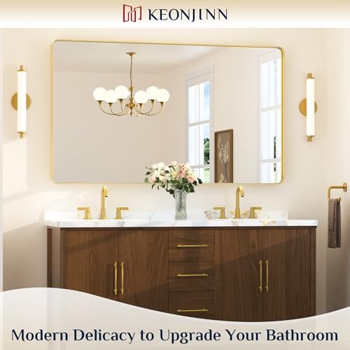 Keonjinn 60 x 36 Inch Brushed Gold Bathroom Vanity Mirror, Tempered Glass