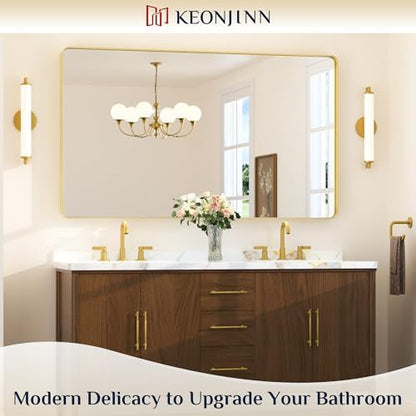 Keonjinn 60 x 36 Inch Brushed Gold Bathroom Vanity Mirror, Tempered Glass