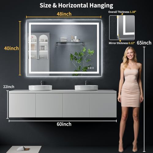 48"x40" LED Bathroom Mirror with Lights, Anti-Fog, Backlit+Frontlit
