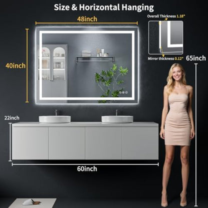 48"x40" LED Bathroom Mirror with Lights, Anti-Fog, Backlit+Frontlit