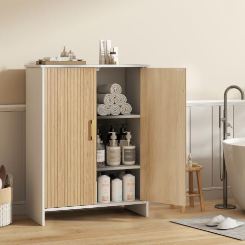 Bathroom Storage Cabinet, Floor Cabinet with 2 Fluted Doors and 2 Adjustable Shelves Wooden Freestanding Organizers and Storage, White