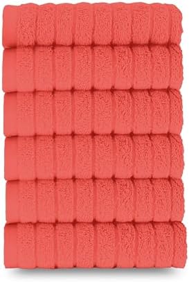 Elegant Comfort 100% Turkish Cotton Corduroy Ribbed Luxury Washcloths 6 Pack Soft 13 x 13 Inch - Higly Absorbent, Durable, Quick Dry, Spa Premium Hotel Quality for Bathroom or Travel, Coral