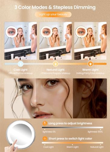 10x Makeup Mirror with Lights, Flexible Magnifying Mirror 3 Light Modes