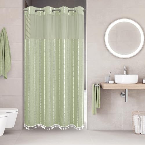 eachope No Hook Stall Shower Curtain with Snap-in Fabric Liner - 54x80 Heavy-Duty Linen Textured Striped Design,Narrow Rustic Modern Farmhouse Bohemian Bathroom Curtain,Water-Repellent,Sage Green