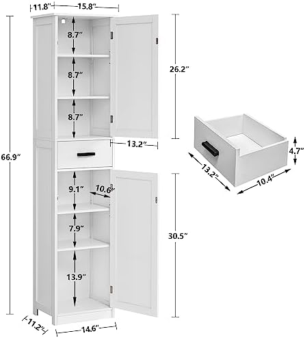 WEENFON Tall Bathroom Cabinet, Storage Cabinet with 6 Shelves & Drawer, Bathroom Storage Cabinet with Adjustable Shelves, Tall Cabinet for Living Room, Home Office, White