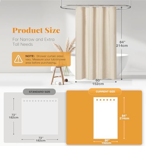 BTTN Narrow Long Linen Textured Fabric Shower Curtain, 60x84, Beige/Cream