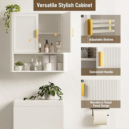 INNOD Bathroom Wall Cabinet, Wall-Mounted Medicine Cabinet with Adjustable Wood Shelf & Doors, Floating Bathroom Cabinet Over Toilet for Laundry Room & Kitchen & Living Room (White)