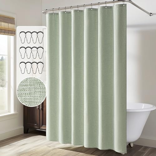 MIULEE 72 x 96 Extra Long Linen Shower Curtain Sage Green 12 Metal Hooks